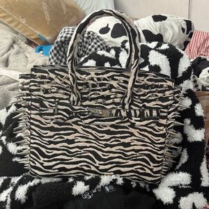 AKIRA Zebra-Print Satchel with Silver Spike Studs in Black & Cream